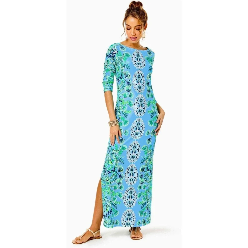 Lilly Pulitzer Seralina UPF 50 Maxi Dress Frenchie Blue Mosaic Shells Sz S - Picture 2 of 11